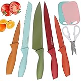 Tiergardm 13 Pieces Boxed Color Knife Sets with Blade Guards 8'' Chef's Knife 8'' Bread Knife 8'' Slicer Knife 5'' Utility Knife 3.5'' Paring Knife 3.2'' Kitchen Shears and 2 Cutting Mat Board
