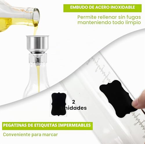 Miniatura 3 de Showvigor Botella Aceite, 500 Ml Dispensador De Aceite Con Embudo, Tapa Antiincrustante, Aceitera De Vidrio Con Escala Transparente, Para Cocina Y Barbacoa