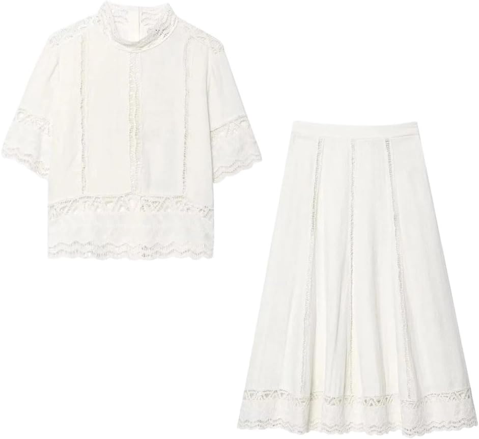 Women's Elegant Skirt Set Lace Short Sleeve Top Midi Skirt