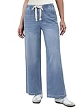 luvamia Wide Leg Jeans Woman High Waisted Trendy Pull On Elastic Waist Drawstring Stretchy Denim Jean Pants with Pockets Womens Summer Clothes Modern Blue Medium Fits Size 8 Size 10