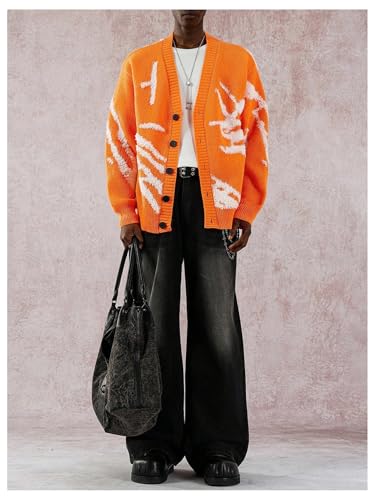 Men's Y2K Graphic Cardigan Sweaters Oversized Button Down Sweaters Long Sleeve V Neck Knit Cardigan Streetwear3