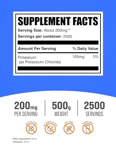 Image of BulkSupplements.com Potassium Chloride Powder - Salt Substitute, Potassium Salt - Gluten Free, 200mg per Serving, 500g (1.1 lbs) (Pack of 1)