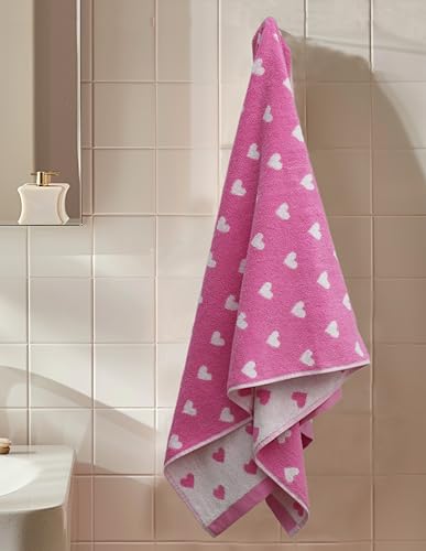 Image of ORIGINAL KIDS 6 Piece Towel Set - Bath Time Hearts - 2 Bath Towels, 2 Hand Towels, 2 Washcloths - 100% Cotton Jacquard Colorful Soft Absorbent Pool Beach Kids Towel Gift - Pink White