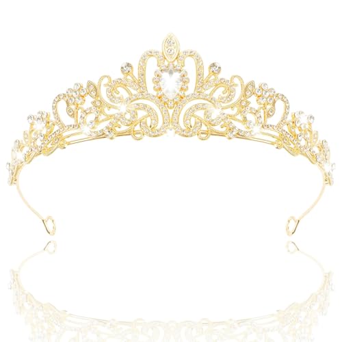 Tiara Kristallkrone mit Strasskamm Silber Strass Tiara Hochzeit Tiara Hochzeit Braut Strass Krone für Geburtstags Hochzeit Abschlussball Prinzessinnenpartys (Golden)