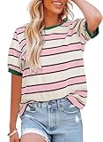 Womens Tops Cotton Casual Color Block Striped Short Sleeve Shirts Crewneck T Shirts Loose Basic Tee Blouses Pink White M