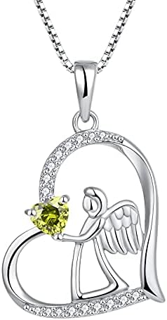 FJ Heart Guardian Angel Necklace 925 Sterling Silver Angel Wing Pendant Necklace with Birthstone Cubic Zirconia Jewellery Gifts for Women Girls