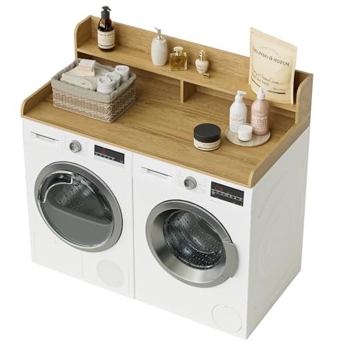 Apetaccat 2-traps wasmachine-droog-werkblad, organisatie en opslag voor bijkeuken, houten wasruimte, werkblad voor wasmachine en droger, eiken