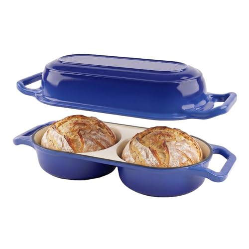 Image of Double Dutch Oven Pot with Lid, 2.2QT Enameled Cast Iron Bread Loaf Pan, Mini Dutch Oven For Sourdough Bread Baking, 500F Oven Safe Non Stick Dual Round Bread Pan, Bread Oven, 16.5cm Diameter, Blue
