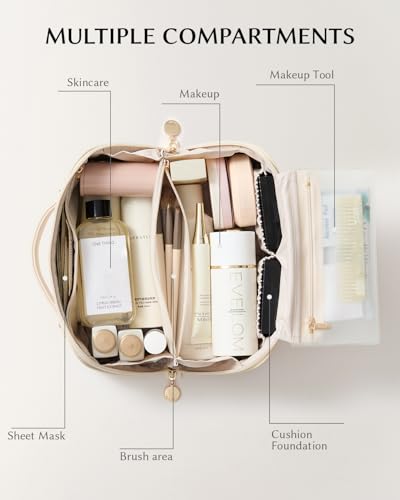 Image of EACHY Travel Makeup Bag, Large Capacity Cosmetic Bag for Women, Waterproof PU Leather, Flat Open Portable Toiletry Bag for Skincare, Brushes & Travel Essentials