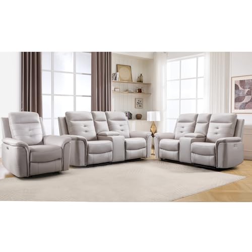 Image of ANJ 3-Piece Faux Leather Power Recliner Sofa Set with USB Charging Ports, Include Single Recliner Chair, 2-Seater Loveseat Set of 2 with Hidden Storage & Cup Holders, Beige