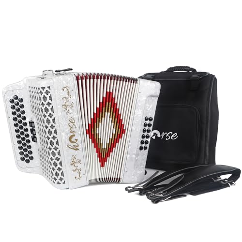 Horse 34 Key Accordion, GCF 12 Bass 3 Row, Made of Celluloid Louder & Clearer Timbre than Plastic,Accordions Instrument for Adults,W/Luxury Backpack,Straps,34 Buttons Acordeón Acordeones Para Adultos