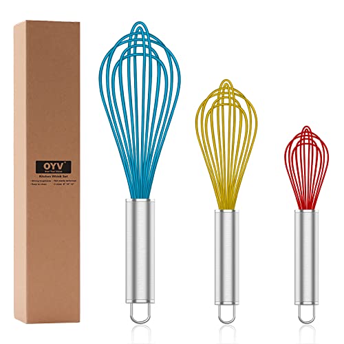 Image of OYV Whisk,Sturdy Stainless Steel Wires Coated in Professional Silicone,3 Pack Whisks for Cooking,Mini Whisk,Colored Balloon Egg Beater for Blending,Whisking,Beating,Stirring,Cooking,Baking (Multi)