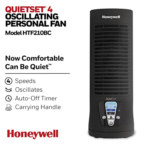 Honeywell HTF210BC QuietSet® 13" Personal Desk/Table Fan, Slim, Mini Tower, Oscillating Fan, Portable, Easy to Use Controls, Compact, 4 Speeds, Black