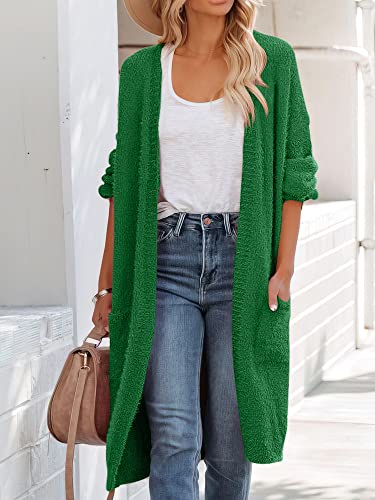 Anrabess Women's Casual Long Sleeve Open Front Fuzzy Knit Cardigans Plush Sweater Coat With Pockets 574Senlinlv-S Green #TOP1