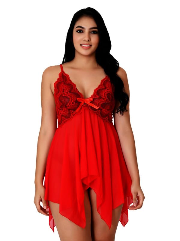 Image of Babydoll Lace Nighty with Adjustable Straps Above Knee V Neck S-3XL