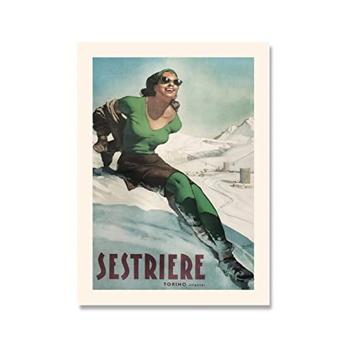 XCPORA Vintage Sestriere Ski Poster Winter Sport Wall Art Sestriere Ski Stamps Travel Canvas Painting for Home Wall Decor Immagine 50x70cmx1 Senza Cornice