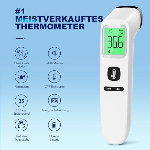 Fieberthermometer Kontaktlos Stirnthermometer, Digitales Infrarot Thermometer für Babys und Erwachsene mit sofortigen genauen Messwerten, Fieberalarm, LCD-Anzeige und 35 Speicherabruf (Creme)
