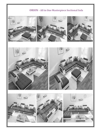 Image of Orions L Shape Sofa Set 12 Seater for Living Room (Light Grey & Black) | Modular Sofa Set 12 Seater Couch | 12 Seater Sofa with Ottoman 4 Puffy | Fabric 12 Seater Sofa