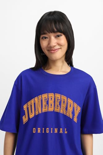Image of JUNEBERRY Pure Cotton Oversized Drop Shoulder Brand Logo Typography Print Round-Neck Baggy Fit T-Shirt for Women (Available in Navy, Green & Pink Colors)