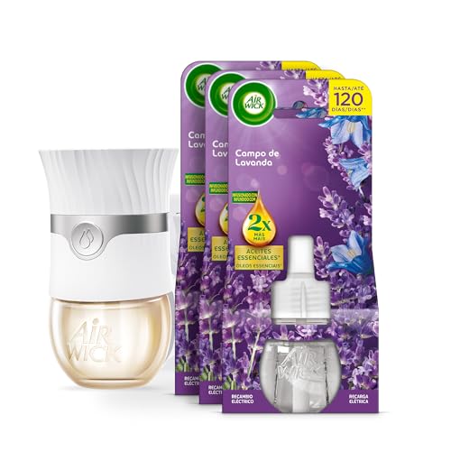 Air Wick Ambientador Eléctrico - Aparato difusor inteligente con tecnología Anti-Fading + 3 Recambios con aroma a Lavanda, infusionado con 2 veces más aceites esenciales