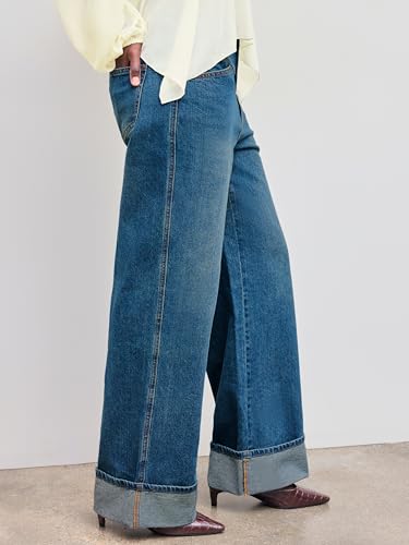 CIDER Women’s Baggy Jeans Straight Wide Leg High Waisted Fold Hem Denim Pants with Pockets3