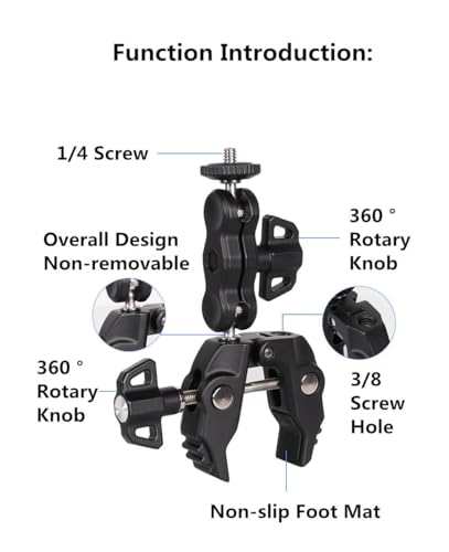 Image of BKN Metal Camera Clamp Handlebar Mount 360 Double Ballhead Magic Arm with 1 /4 inch-20 & 3 /8 inch-16 Thread for Monitor Hero, Insta 360, Canon Nikon DSLR Camera & Other Action Cameras