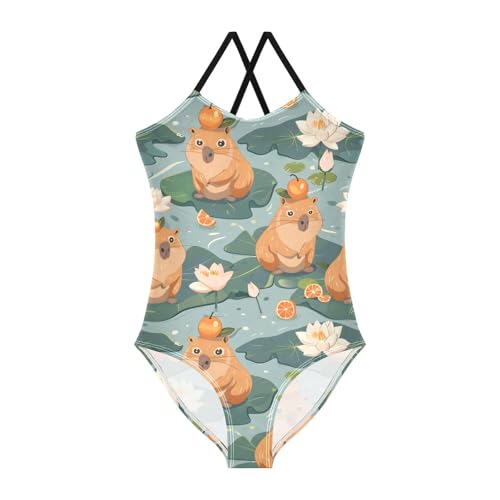 ALAZA Cute Capybara Water Lily Girls One Piece Swimsuit Swimwear Beach Sport Bathing Suit