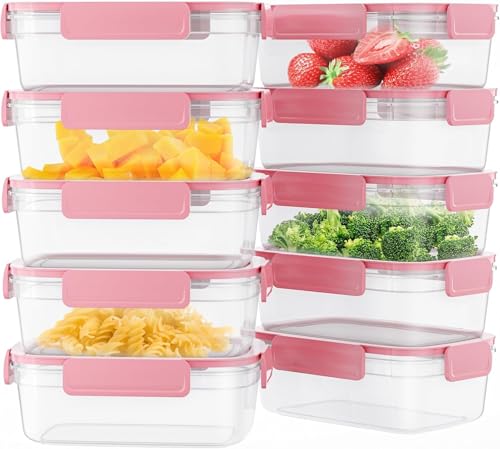 Aspinol 10-Pack Food Storage Containers with Airtight Leakproof Lids, BPA-Free Meal Prep Containers for Microwave/Dishwasher/Freezer, Pink, 28.7oz Each