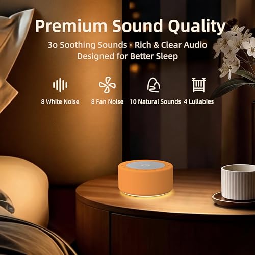 Image of Kipcush White Noise Machine for Baby & Adults, 30 Soothing Sounds, Soft Non-Glare Nursery Lamp, 8 Color Night Lights, Memory Function (Angel V3 Orange, Standard)
