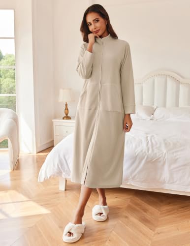Image of Ekouaer Women Zipper Robe Long Sleeves House Coat Soft Bathrobe Sleepwear with Pockets Housecoat Loungewear