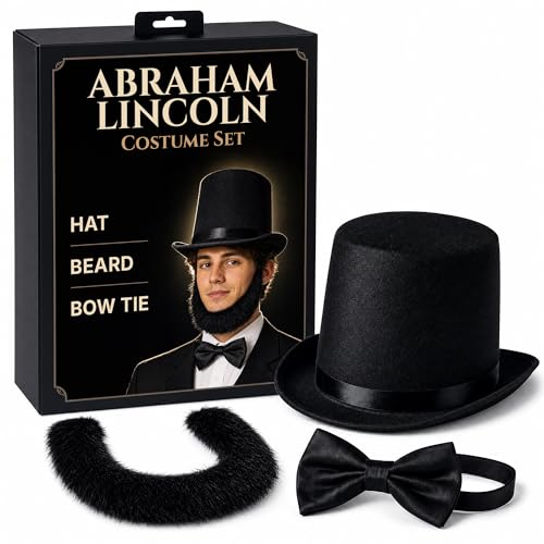Funny Part Hats Abraham Lincoln Costume Set - Abe Lincoln Hat Beard and Bow Tie - President Costume for Teens and Adults Halloween Parties Presidents and Memorial Day Presentations 3 PCS