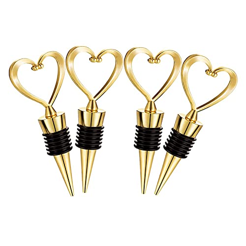 4 Pcs Gold Stainless Steel Love Design Wine Bottle Stoppers, Heart Shape Wine and Beverage Bottle Stoppers for Guests