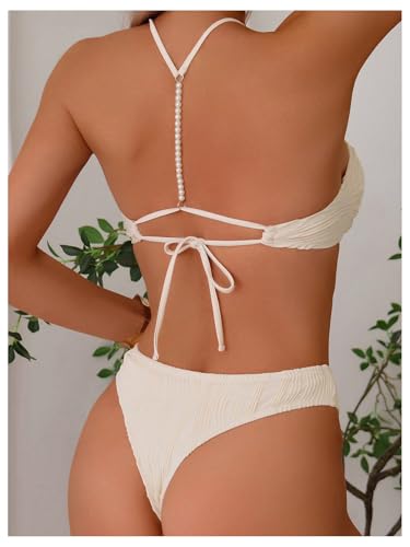 MakeMeChic Women's Halter Bikini Set Textured Pearl Tie Back Bathing Suit Swimsuits4