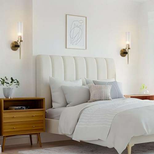Image of BOKT Mid-Century Modern Gold Wall Light Cylinder Glass Wall Sconce Anti Brushed Brass Long Wall Sconce Light Vintage Bathroom Globe Wall Mount Light Bar Wall Lamp