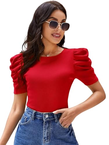 Image of POPWINGS Casual Solid Puff Short Sleeves Round Neck Top for Women |) Stylish Western Tops for Women || Summer Women Top