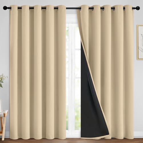 Image of Yakamok Beige 100% Blackout Curtains 84 Inches Long for Bedroom 70 inch Wide | Blackout Curtain Panels for Bedroom, 2 Thick Layers Grommet Top Thermal Insulated Drapes with Black Liner for Living Room