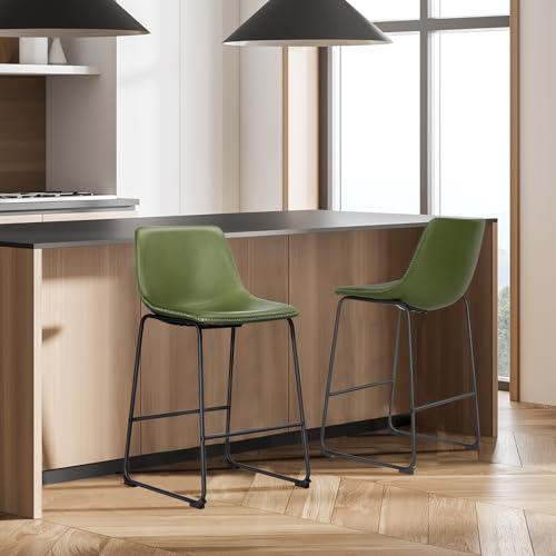Image of DUMOS Bar Stools Set of 2, Faux Leather Counter Height Bar Chairs for Pub | 26 Inch Barstools with Back, Metal Legs, Footrest, Armless, Modern, Kitchen Island, Living Room, Cafe, Green