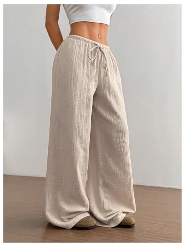 Women's Linen Summer Pants Drawstring Waist Baggy Pant Straight Wide Leg Beach Trousers2
