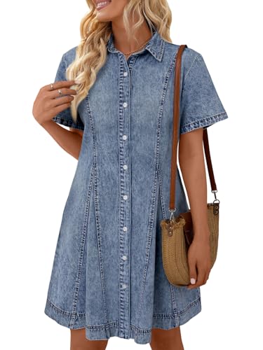 LILLUSORY Women‘s Denim Dress - Knee Length Button Down Casual Short Sleeves Jean Dress Blue L