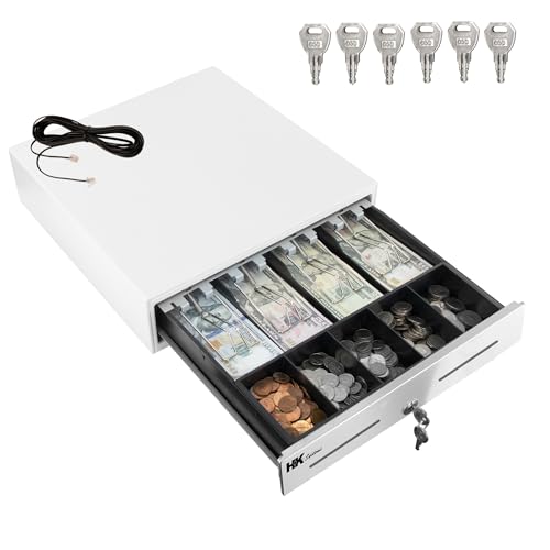 HK SYSTEMS 13inch "Stainless Steel" Front WHITE Heavy Duty POS Interface Cash Drawer with 4Bill/5Coin