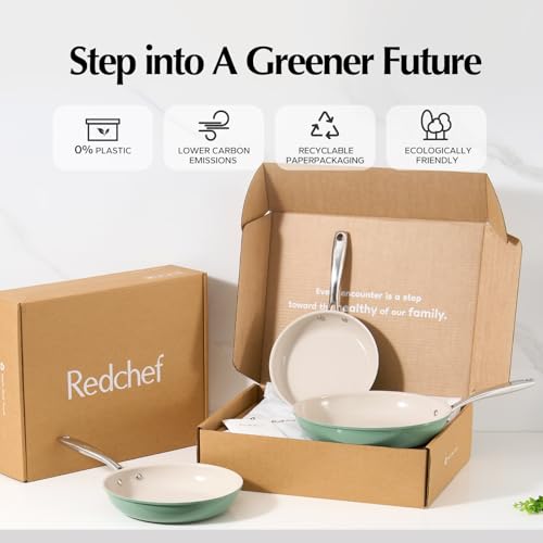 Image of Redchef Nonstick Frying Pan Skillet, Ceramic Non-Stick Saute Pans, 9.5 inch Cooking Fry Pan with Stay Cool Handle, All Stovetops, Dishwasher /Oven Safe, PFAS-Free, Non Toxic (Green)