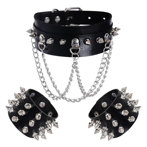 hoyuwak 3Pcs Leather Spike Choker Studded Bracelet Cuffs Set Black Gothic Jewelry Rivet Collar Wristbands Puck Accessories for Men Women 80s Rock Goth Costume Cosplay Decoration