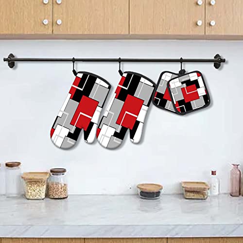 Mcalk 5 Pcs Red Oven Mitts And Pot Holders Sets, Geometric Black Oven Gloves And Hot Pads For Kitchen Cooking, Abstract Modern Art Oven Mitt Potholder Is Both Functional And Decorative #TOP1