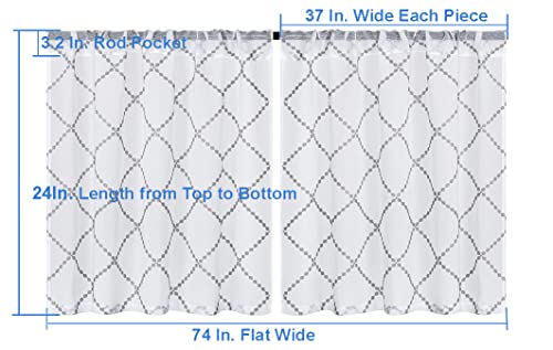 Decohongdi Versatile Semi Sheer Cafe Curtain Pair, Modern Geometrics Grey Embroidered Kitchen Curatins 30 Inches Length, Elegant Farmhouse Window Treatments Rod Pocket 37 W X 30 L In. 2 Pack #TOP1