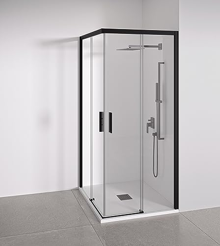 Mampara de ducha angular 2 correderas + 2 fijos - sin perfilería inferior - Cristal transparente templado 6mm Antical -...