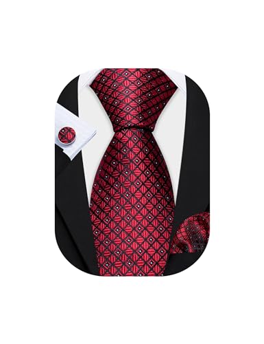 Image of Barry.Wang Mens Tie Set Plaid Check Neckties Formal Business Wedding Luxury Pocket Square Cufflinks