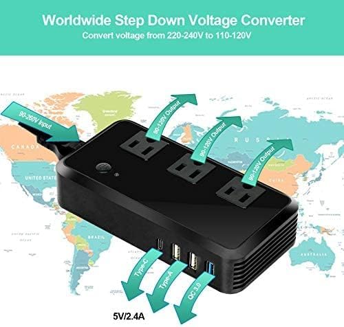 2300W Voltage Converter 220V to 110V Universal Travel Adapter/Power Converte with 3 USB Ports 3 AC Outlets 1 Type-C in EU/UK/AU/US/IT/South Africa More Than 150 Countries Over The World4
