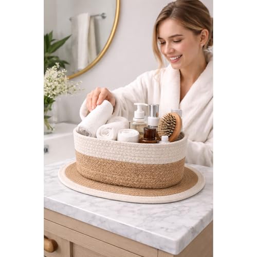 Image of Remote Stand for Table | Cotton Rope Storage Basket for Makeup Organisers, Coffee Table Organiser & Remote Holder for Living Room | Eco-Friendly Dual-Tone Organizer with Mat (Off-White & Beige)