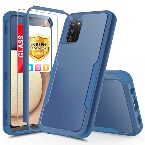 TJS Compatible with Samsung Galaxy A02S Case, with Tempered Glass Screen Protector, Heavy Duty Rugged Shockproof Full Body Protection Anti Scratch Matte Phone Case for Galaxy A02S (Blue)