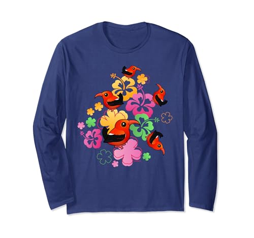 Scarlet Hawaiian Honeycreepers & Hibiscus Birdorable Iiwi Long Sleeve T-Shirt